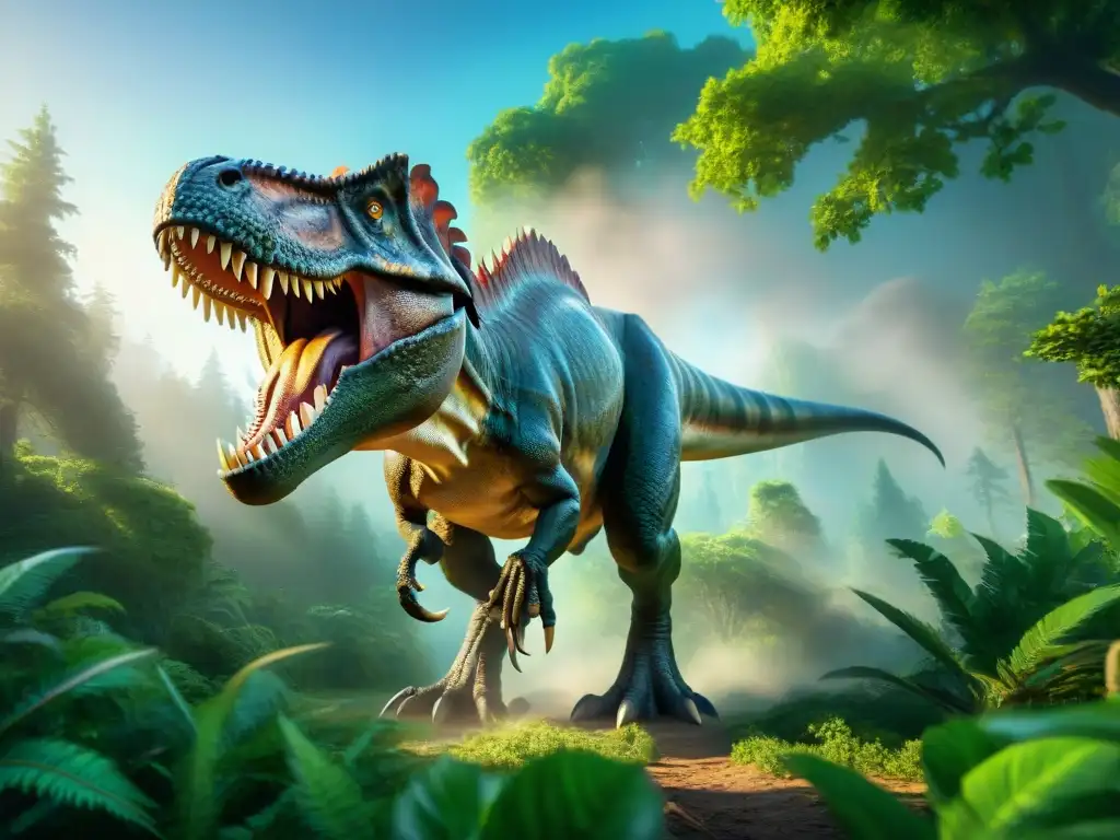Rex furioso: ilustración detallada en bosque prehistórico Un ilustración detallada de un Tiranosaurio rex en movimiento en un bosque prehistórico exuberante