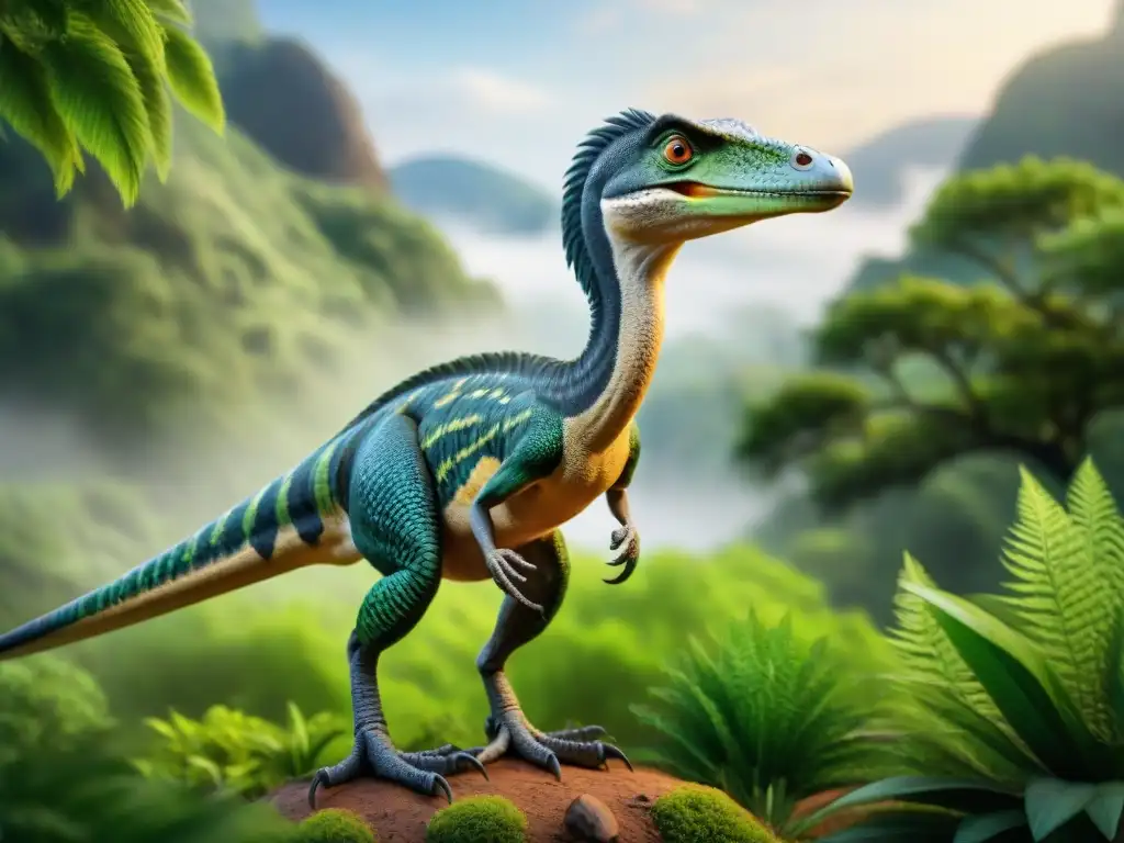 Ilustración detallada de Troodon en paisaje prehistórico Ilustración detallada de un Troodon en un paisaje prehistórico, mostrando su mirada inteligente y plumaje intrincado