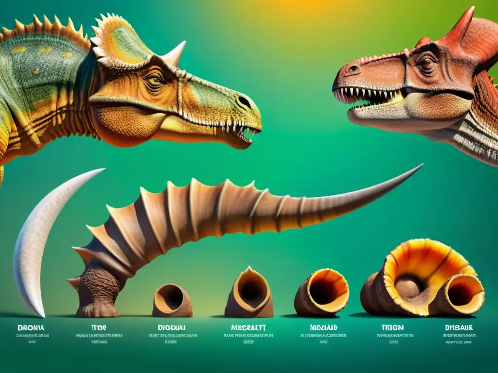 Detalle fascinante: Cuernos de dinosaurios en alta definición Detalle asombroso de cuernos de dinosaurios, mostrando variedad de formas, tamaños y texturas