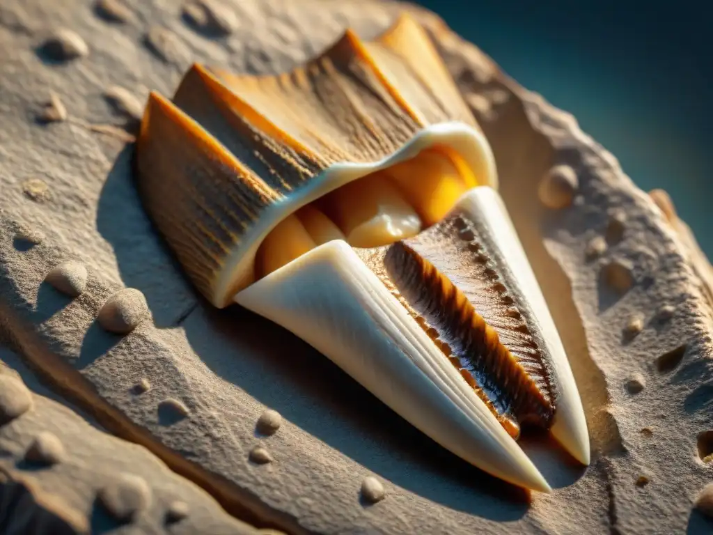 Detalle asombroso de un diente de dinosaurio fosilizado en roca antigua, revelando patrones de desgaste