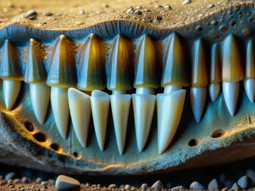 Detalle asombroso de dientes de dinosaurio fosilizados en roca sedimentaria, revelando microevolución en la dieta dinosaurios
