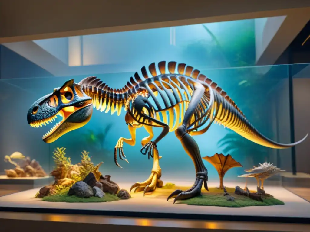 Conexión evolutiva: Esqueletos de dinosaurio y ave en laboratorio Detalle asombroso: esqueleto de dinosaurio junto a ave moderna en laboratorio