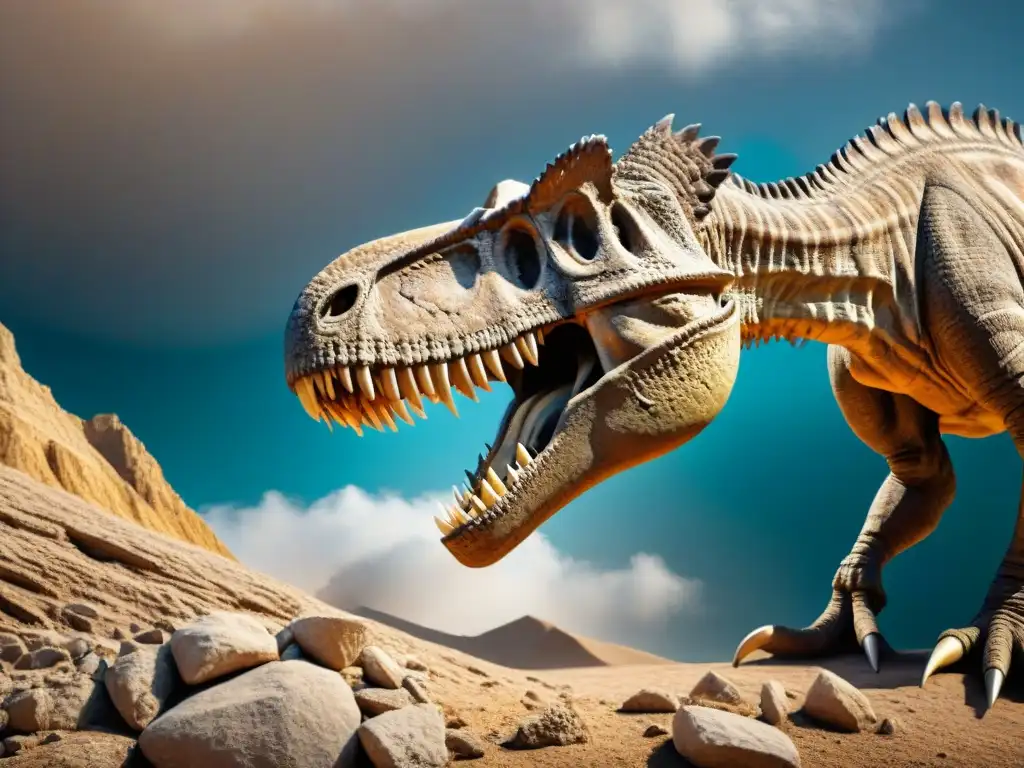 Fósil de dinosaurio: detallado y cautivador Detalle asombroso de fósil de dinosaurio en roca antigua, revelando estructura ósea y formaciones geológicas
