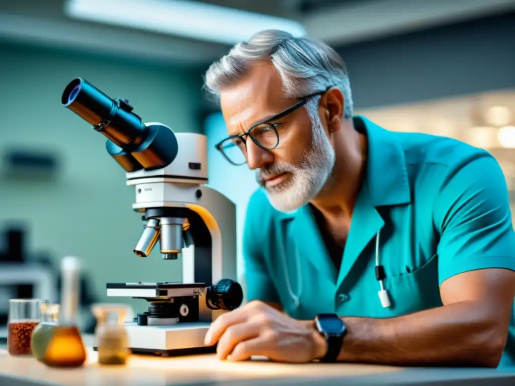 Análisis preciso de fósiles en laboratorio: impacto del cambio climático Detalle de científico analizando fósil bajo microscopio, mostrando la complejidad de datación de fósiles afectada por cambio climático