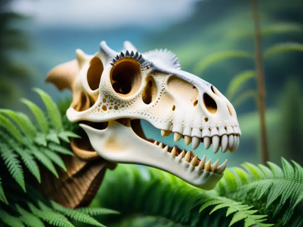 Descubre la ferocidad del cráneo del Herrerasaurus en detalle Detalle del cráneo del Herrerasaurus resaltando sus afilados dientes y estructura ósea, en un paisaje prehistórico