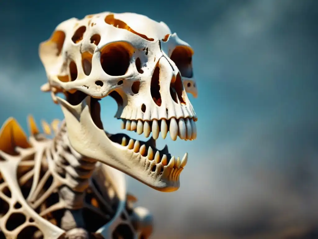 Esqueleto de dinosaurio fosilizado con deformidades: estudio científico de lesiones y traumas Detalle de esqueleto de dinosaurio fosilizado con huesos deformes, revelando su historia