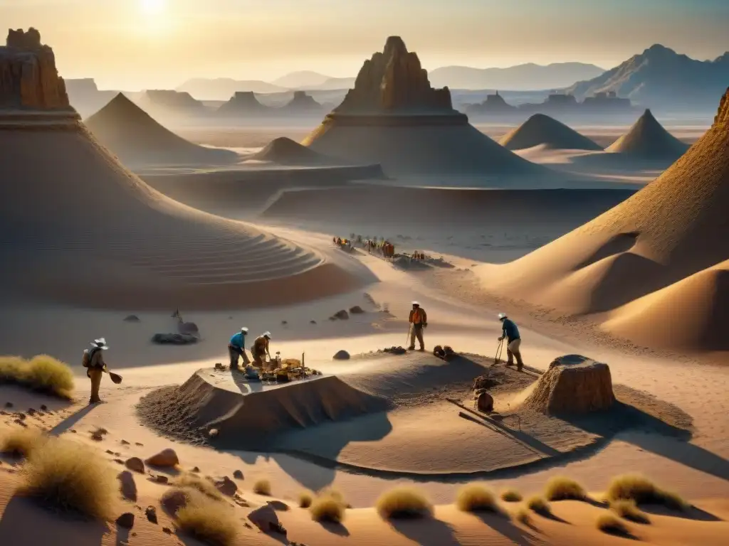 Detalle de excavación de fósiles con paleontólogos descubriendo huesos de dinosaurios en un yacimiento remoto