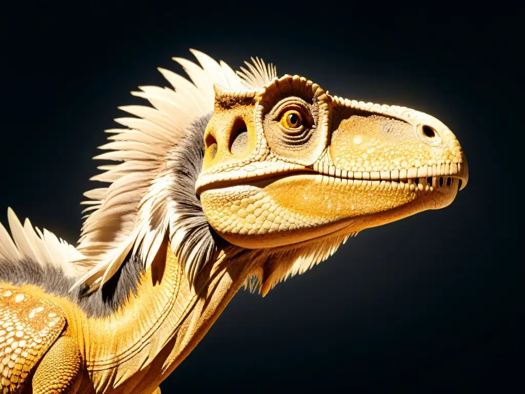 Fósil de dinosaurio emplumado: detalles asombrosos Detalle fascinante de un fósil de dinosaurio emplumado, con colores y patrones preservados