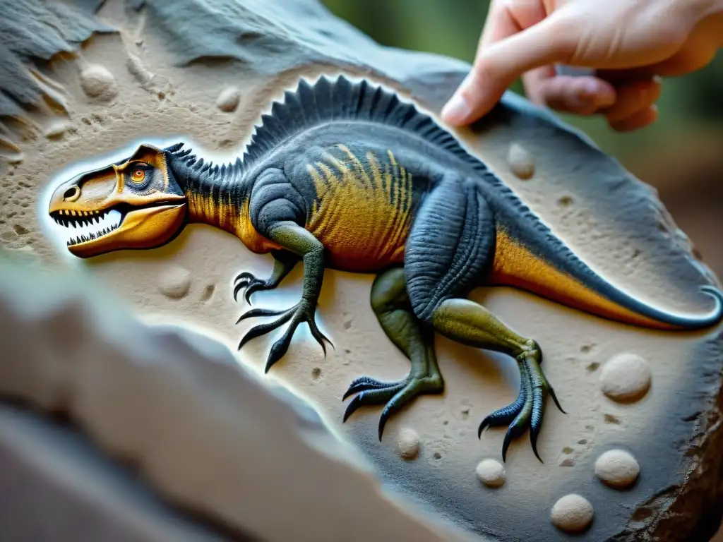 Huella fosilizada de terópodo: detalle impresionante Detalle fascinante de huella de dinosaurio terópodo fosilizada en roca, revelando impresionantes texturas y formas