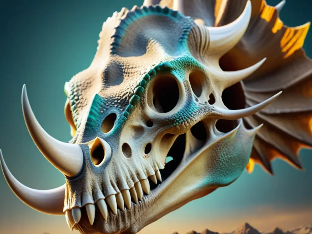 Detalle asombroso del cráneo de Triceratops: estudio de sus cuernos Detalle de un fósil de cráneo de Triceratops resaltando la función y variedad de cuernos dinosaurios