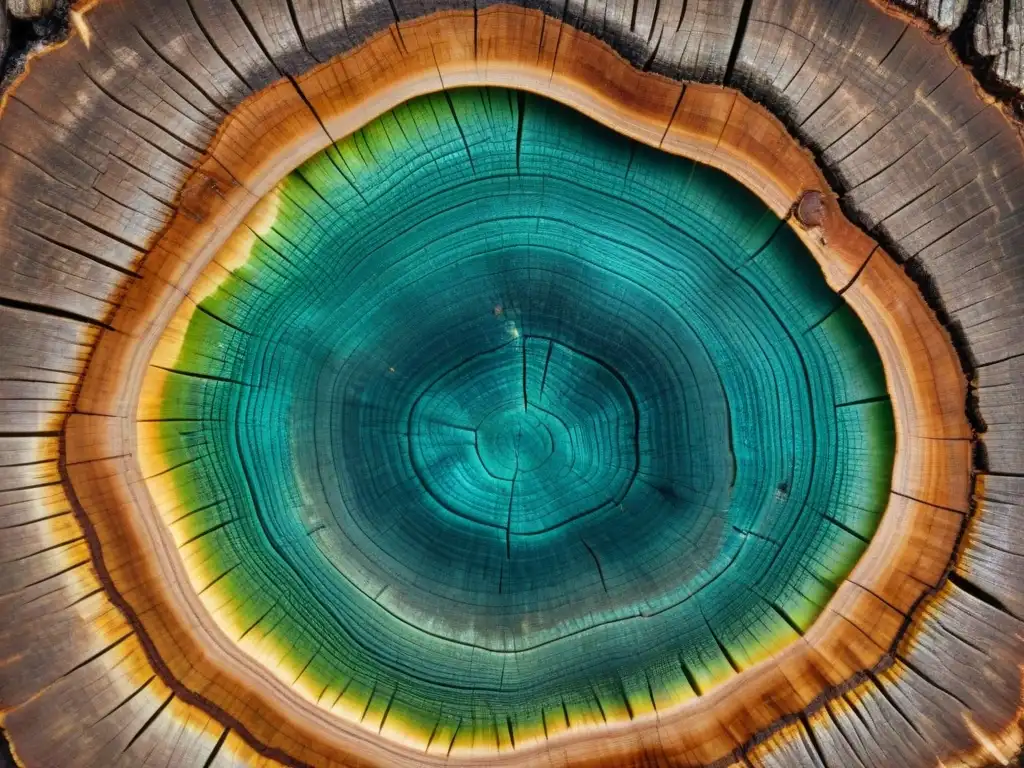 Detalles asombrosos: Corte transversal de tronco con anillos de árbol Detalle impresionante de anillos de crecimiento de un tronco de árbol, revelando archivos climáticos mundos perdidos dinosaurios
