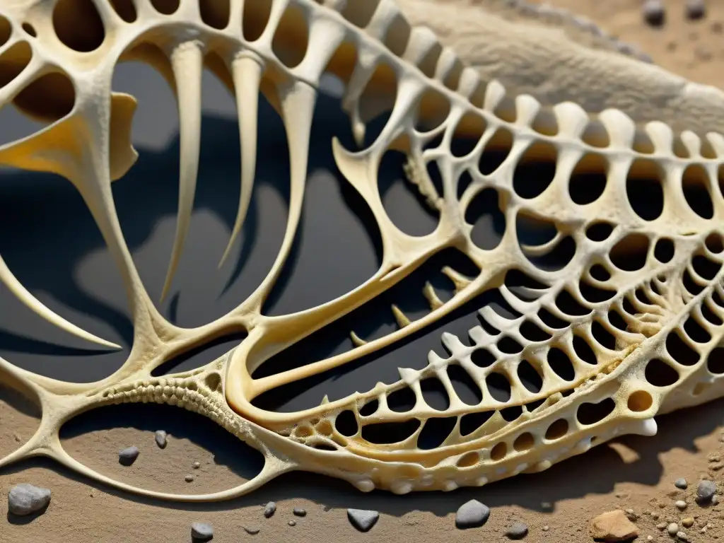 Detalle impresionante de esqueleto de dinosaurio fosilizado con extremidad amputada, evidenciando su proceso de curación natural