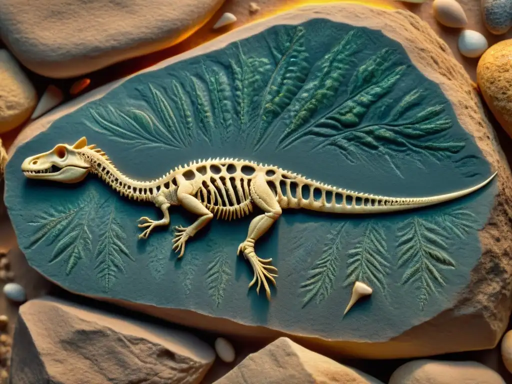 Detalle impresionante de un fósil de Lesothosaurus en roca, rodeado de herramientas arqueológicas