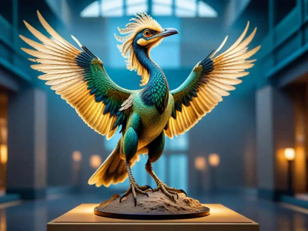 Esplendor fósil: arqueoptérix en detalle Detalle impresionante de fósil de Archaeopteryx en museo, resaltando su estructura ósea y plumaje