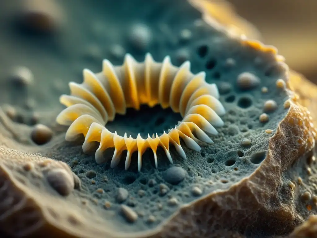Jawbone fosilizado de microvertebrado en alta resolución Detalle de mandíbula fósil de microvertebrado en roca sedimentaria