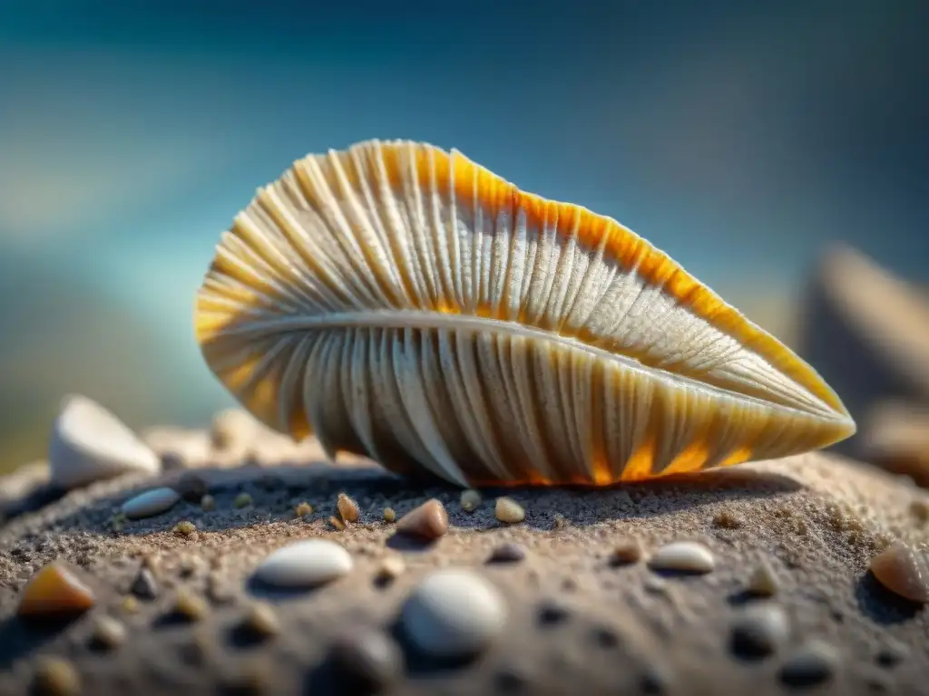 Detalle minucioso de un diente de dinosaurio fosilizado en mandíbula prehistórica, revelando patrones de desgaste y surcos