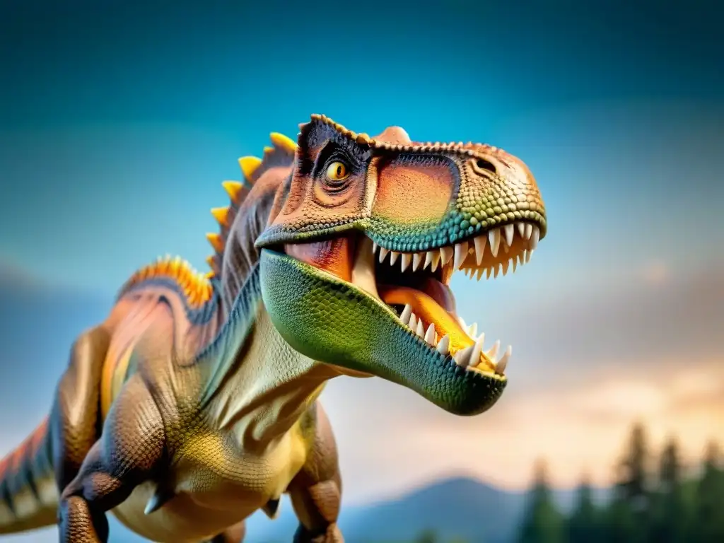 Detalle realista de un juguete exclusivo de Tyrannosaurus Rex, con escamas y dientes afilados, mirada feroz, en un fondo difuminado