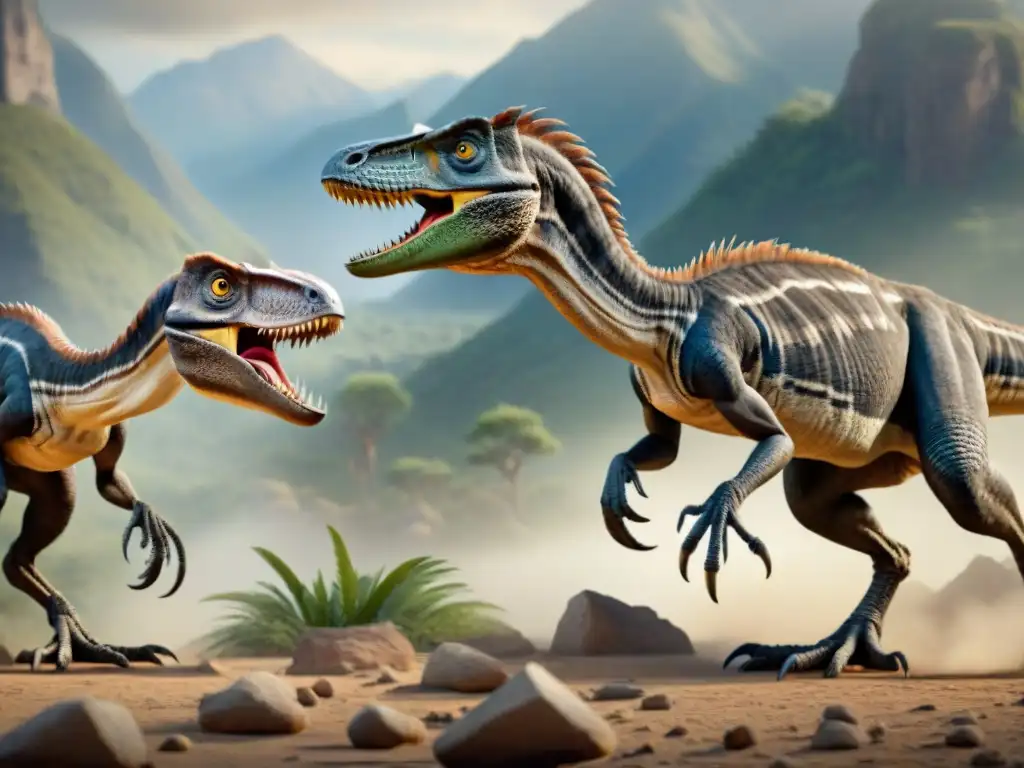 Duelo de Dinosaurios: Velociraptor y Deinonychus en 8k Detalle 8k de Velociraptor y Deinonychus juntos, mostrando sus características físicas en una comparativa realista