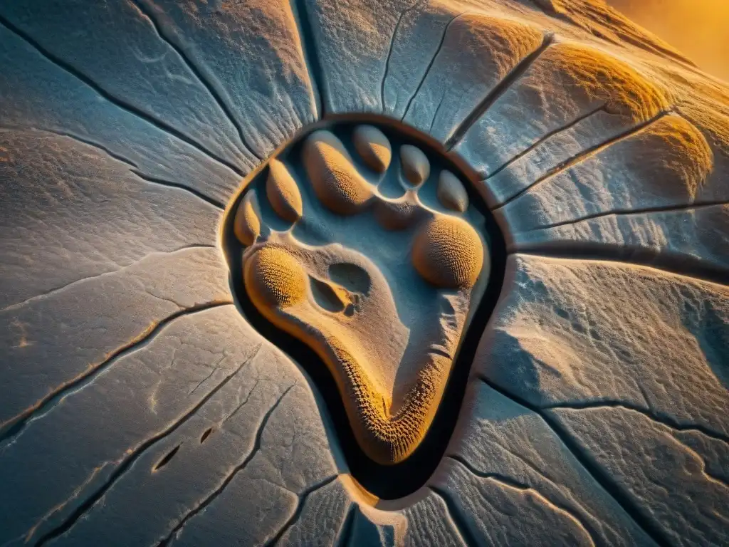 Huella de dinosaurio fosilizada: detalle increíble en roca antigua Detalles asombrosos de huella de dinosaurio fosilizada en roca antigua, destacando impacto climático