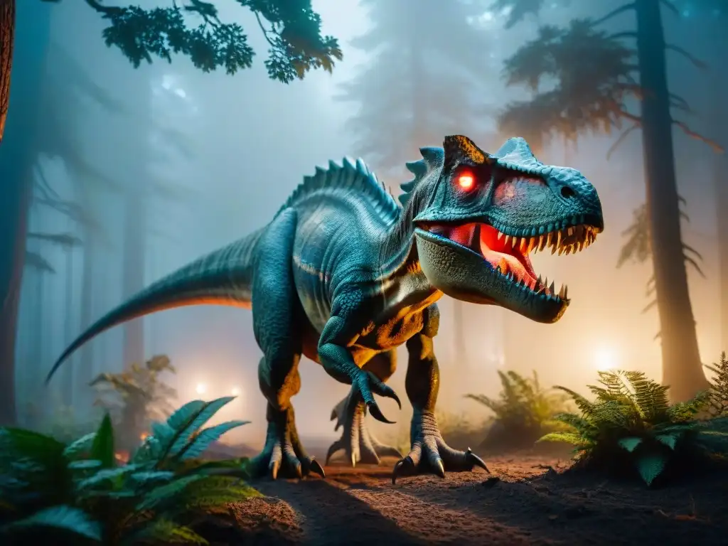Un dinosaurio amenazante con ojos rojos brillantes se esconde en un bosque oscuro, capturando el terror de las mejores películas de terror dinosaurios