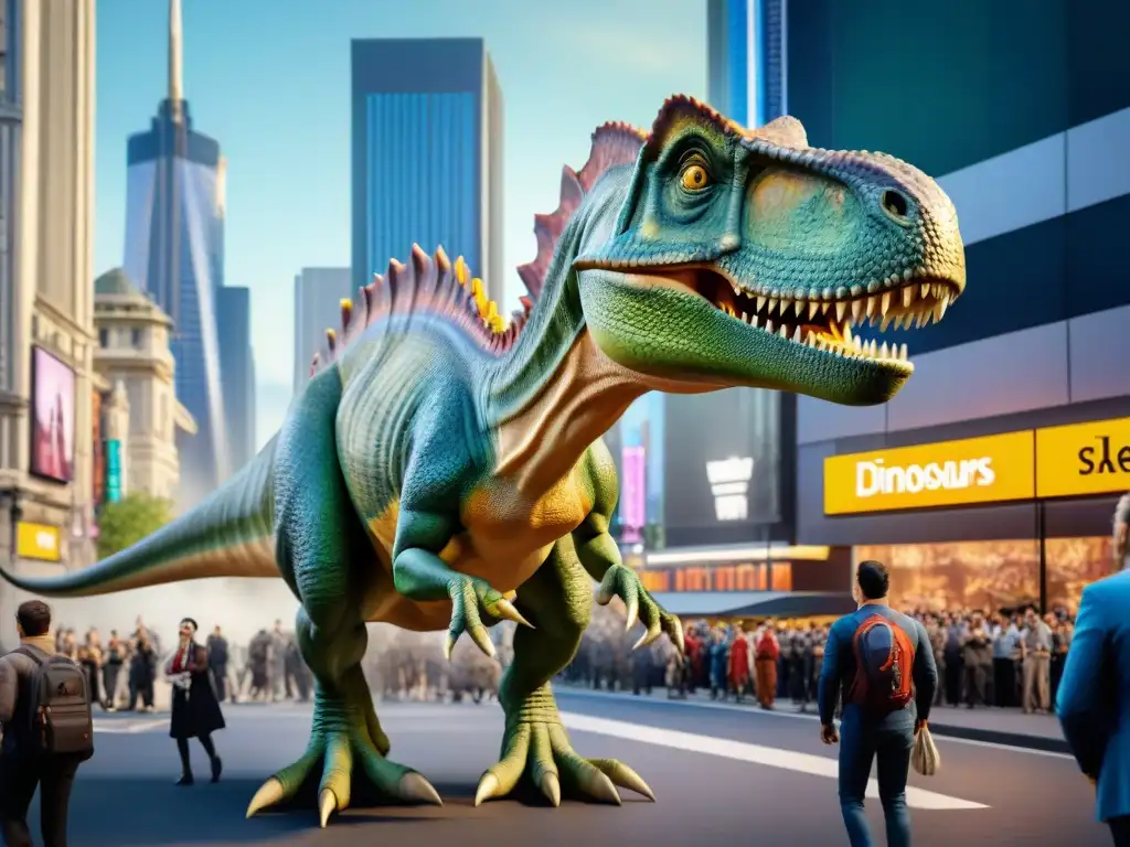 Dinosaurio animatrónico sorprende en la ciudad Un dinosaurio hiperrealista en una bulliciosa calle de la ciudad, rodeado de admiradores diversos