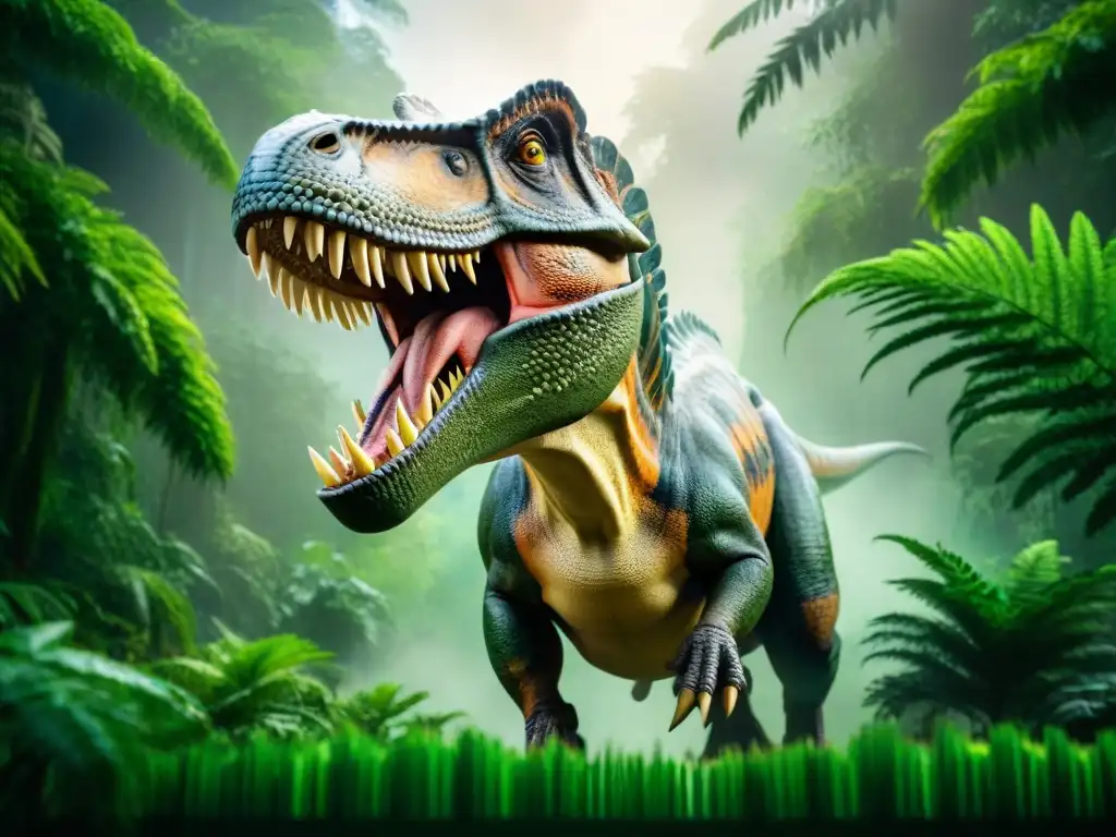 Imponente T Dinosaurio en la jungla prehistórica, majestuoso rugido y fuerza en su mirada