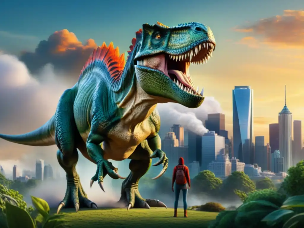 Rex furioso: dinosaurio en la ciudad moderna Un dinosaurio majestuoso aterroriza la ciudad con su rugido, reflejando la fusión de dinosaurios en series de superhéroes