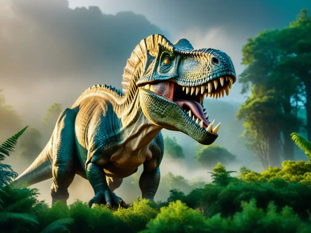 Un dinosaurio prehistórico emerge amenazante de un oscuro bosque, con escamas detalladas y ojos brillantes