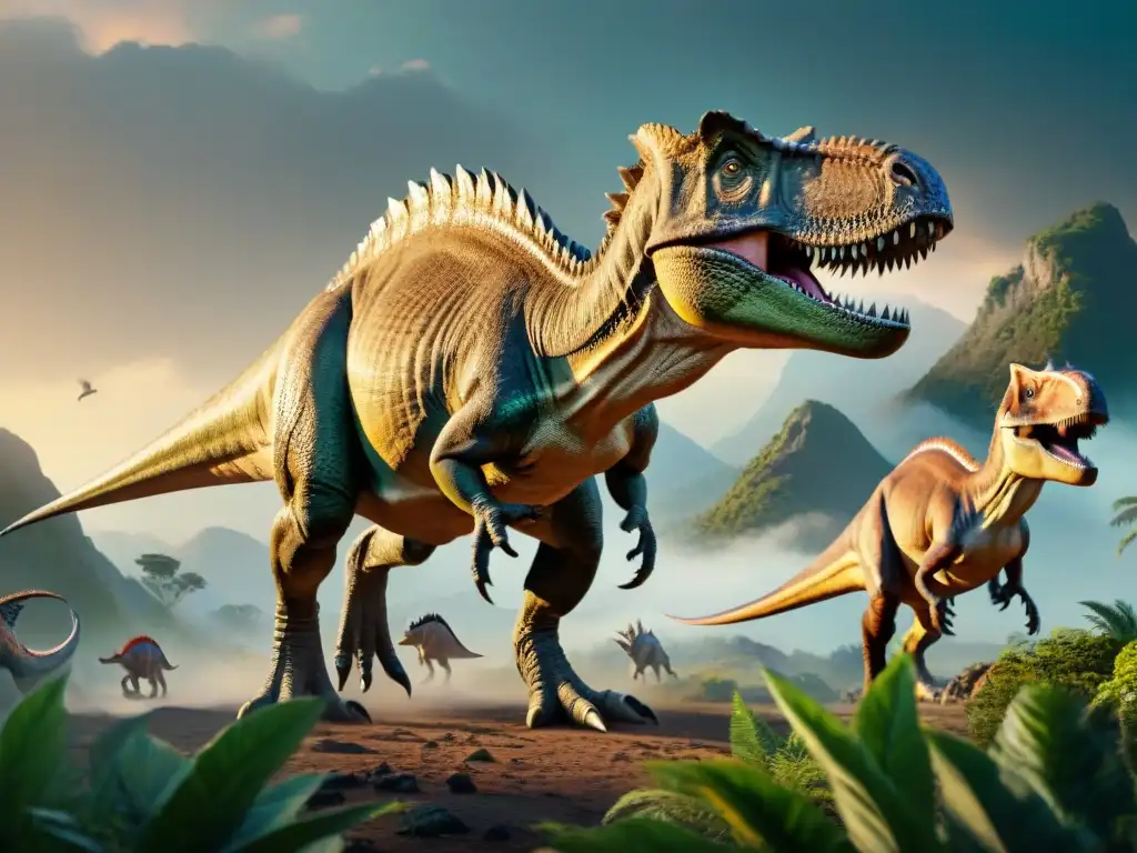 Dinosaurios sobreviviendo con amputaciones de extremidades, mostrando adaptación y resiliencia en escena detallada