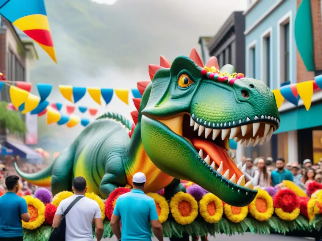 Desfile de dinosaurios: Colorida celebración con carros a escala real Dinosaurios en celebraciones populares: Desfile vibrante con carros a escala real en forma de dinosaurios y participantes entusiastas