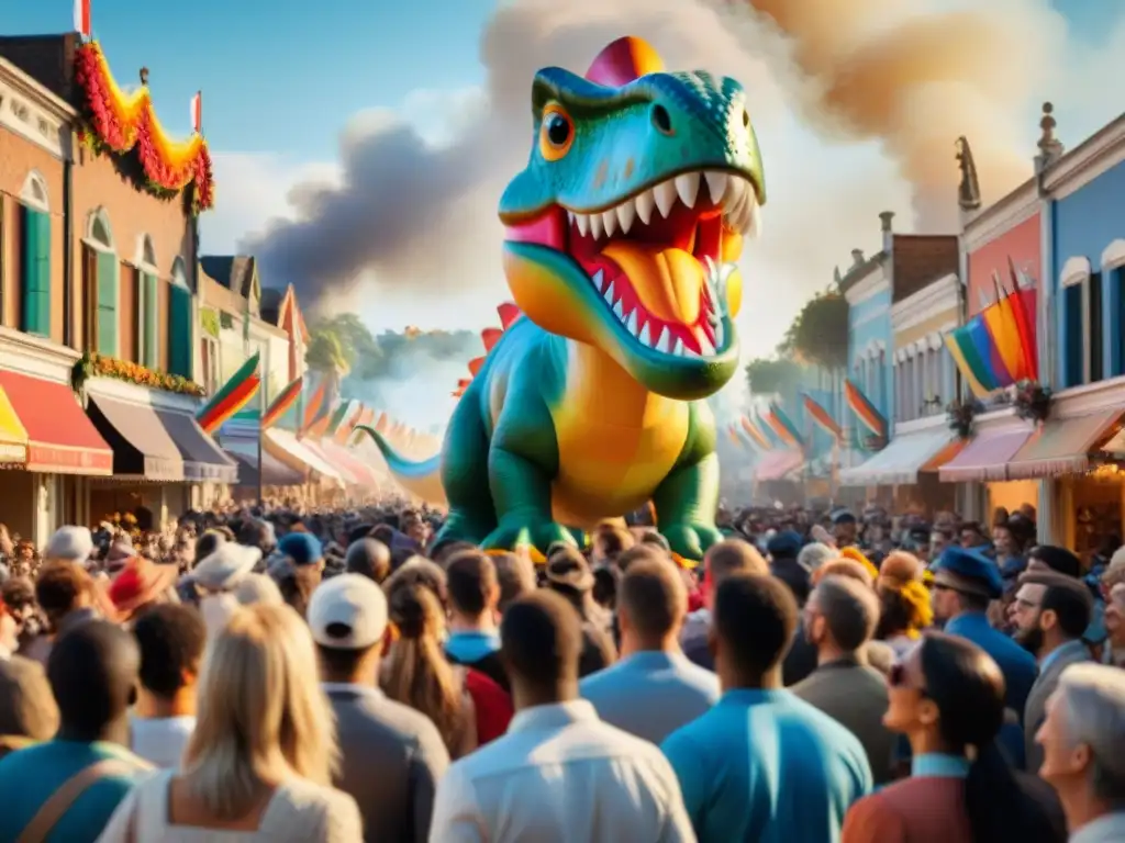 Desfile de Carnaval con Dinosaurios: Alegría y Color Dinosaurios en celebraciones populares: desfile colorido y animado con carros alegóricos y disfraces temáticos, ambiente festivo y lleno de alegría