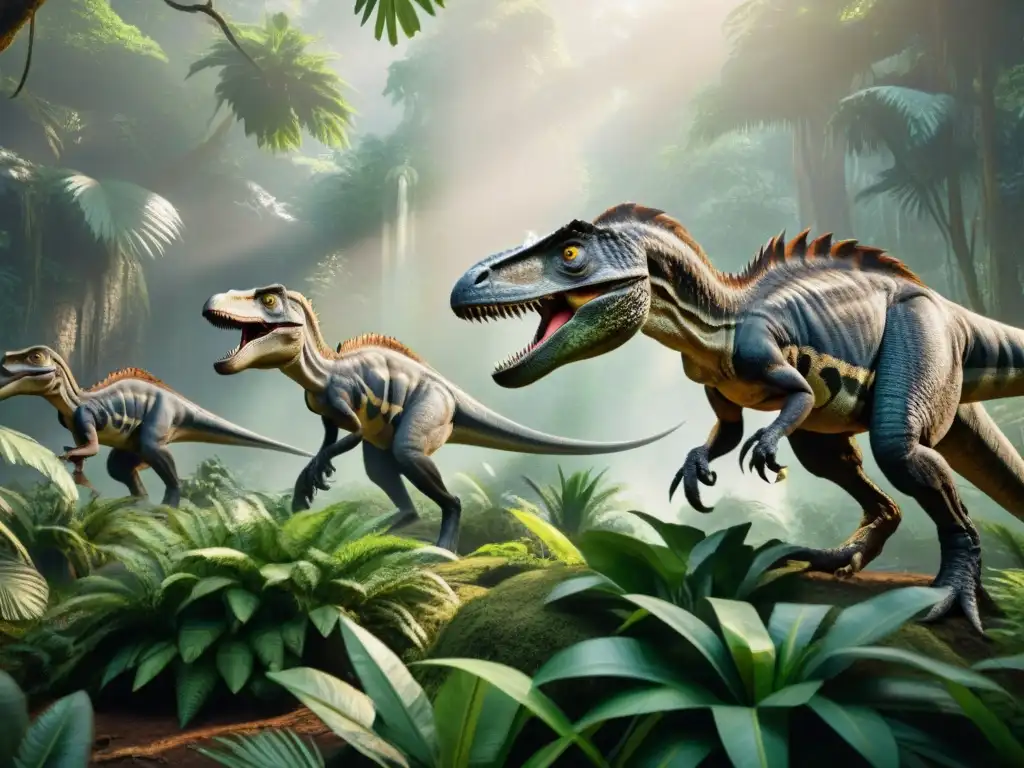 Cazadores veloces: Velocirraptores en la jungla prehistórica Evolución de los dinosaurios en cultura: Manada de Velociraptores cazando en la jungla prehistórica, mostrando sus detalles y entorno exuberante
