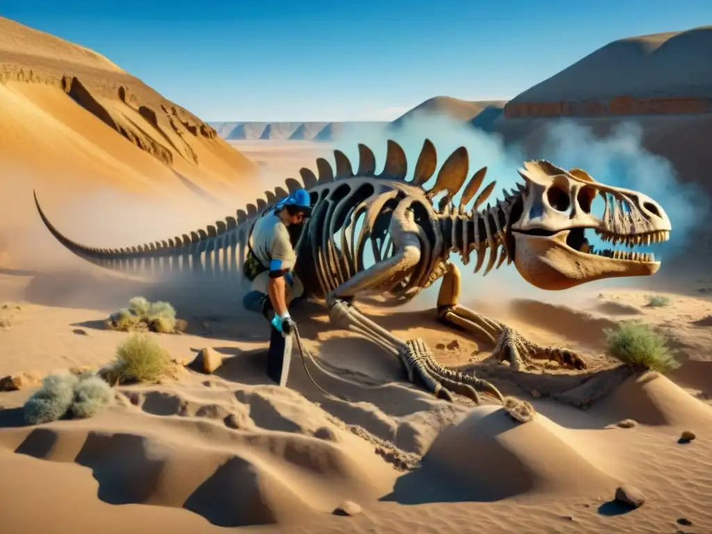 Excavación de dinosaurio: detalle perfecto en el desierto Fascinación por dinosaurios en cultura: Un paleontólogo descubre un esqueleto de dinosaurio perfectamente conservado en un vasto desierto soleado