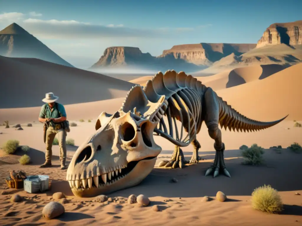 Excavación paleontológica: desenterrando misterios en el desierto Fascinación por dinosaurios en cultura: Paleontólogos excavan esqueleto fósil en desierto remoto