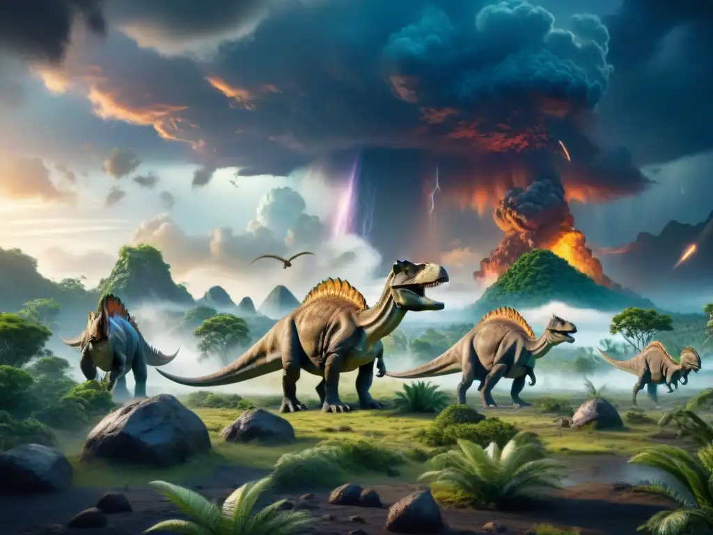 Dinosaurios majestuosos ante la catástrofe cósmica Los dinosaurios enfrentan su destino final en un impactante escenario prehistórico bajo un cielo amenazante
