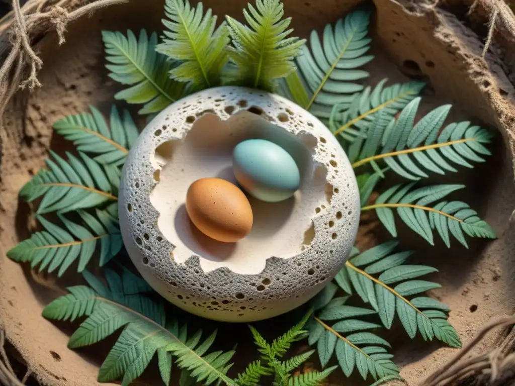 Descubre el nido de dinosaurios: fósiles de huevos y embriones Reproducción de dinosaurios: huevos crías en nido fósil con detalle asombroso de escena prehistórica