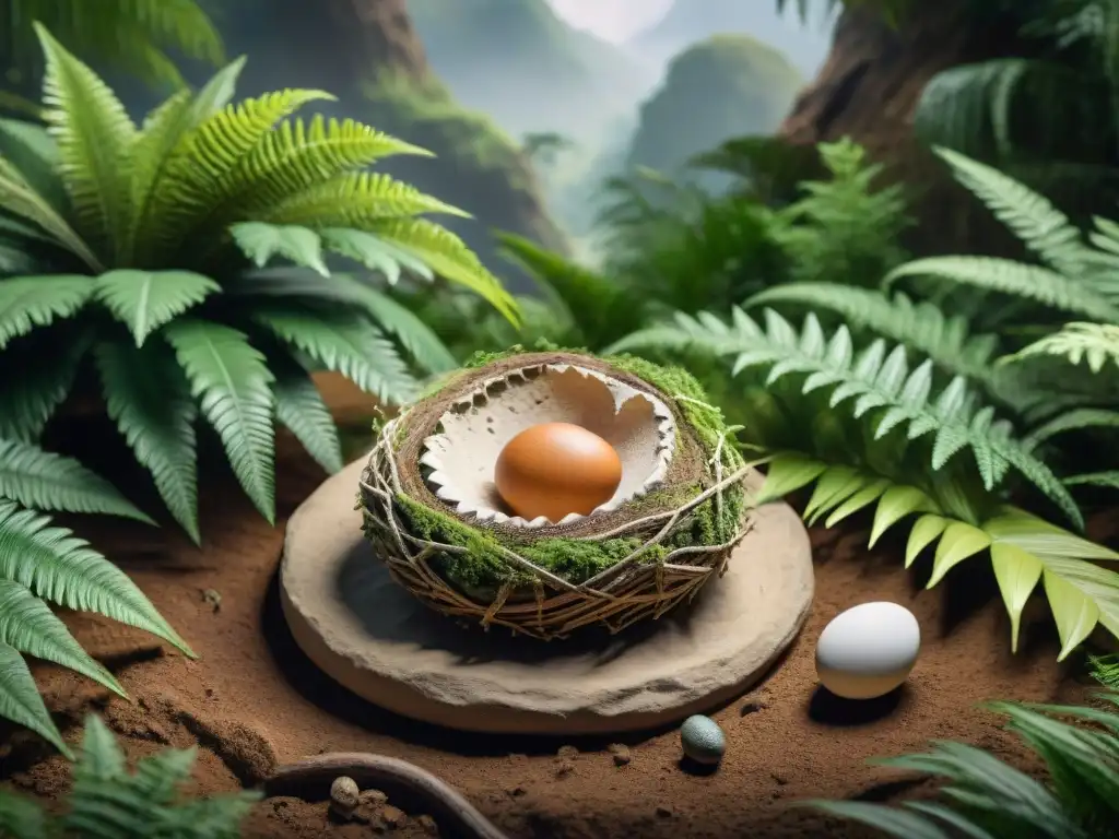 Descubre el misterio: Nido de dinosaurios fosilizados Reproducción de dinosaurios: huevos crías en un nido prehistórico entre helechos y árboles antiguos