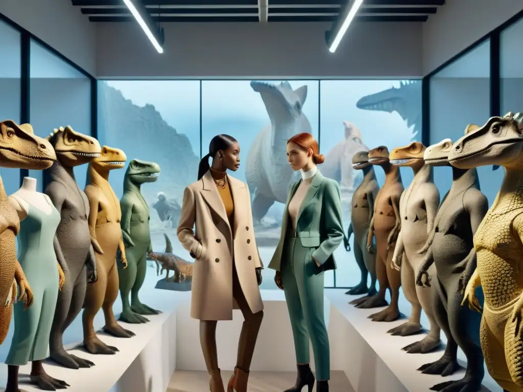 Diseñadores y paleontólogos fusionan moda y fósiles en atelier vanguardista Dinosaurios en la moda actual: Diseñadores y paleontólogos colaborando en un atelier trendy con prendas prehistóricas y maniquíes vanguardistas