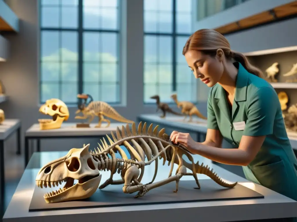 Exhibición de dinosaurios: paleontólogos arman esqueleto con cuidado en un ambiente lleno de descubrimiento y creatividad