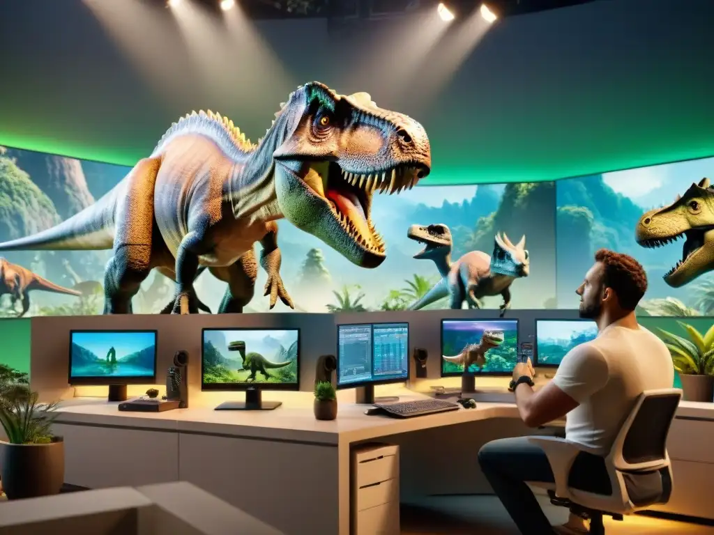 Artistas digitales crean dinosaurios realistas para juego moderno Dinosaurios en videojuegos modernos: Artistas digitales crean personajes realistas en una sala iluminada por pantallas brillantes