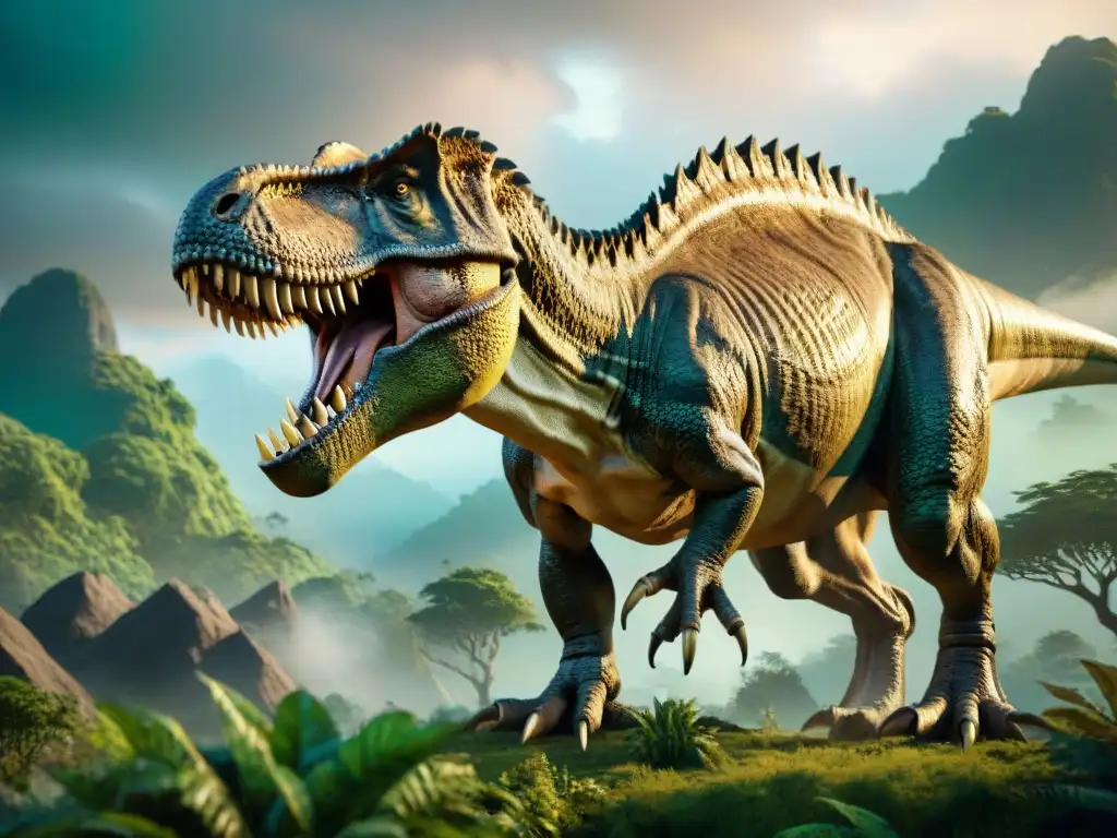 Imponente T-Rex en paisaje prehistórico Dinosaurios en videojuegos modernos: T-Rex digital en paisaje prehistórico, mostrando su poder y majestuosidad