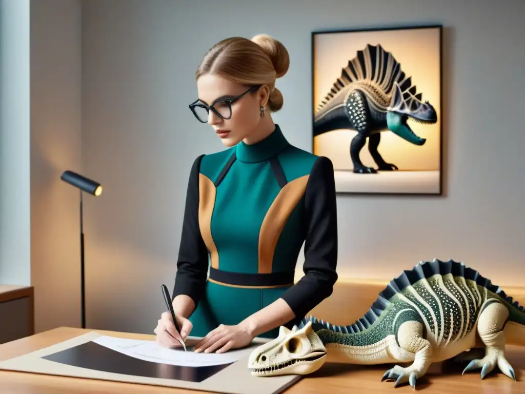 Diseñadora de moda fusiona moda y paleontología en atelier vanguardista Un diseñador de moda inspirado en dinosaurios crea un diseño de alta costura en un estudio vanguardista