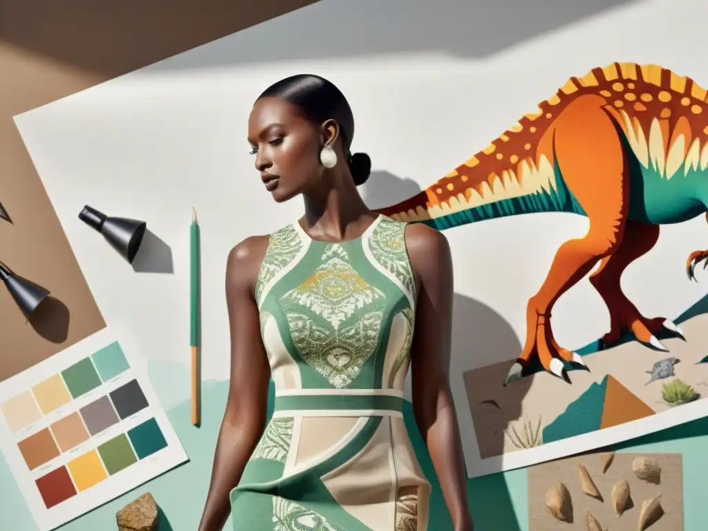 Moda dinosaurio: diseño de alta costura con inspiración prehistórica Un diseñador de moda esboza patrones de huesos de dinosaurio en un vestido elegante, rodeado de tableros de inspiración y tonos terrosos