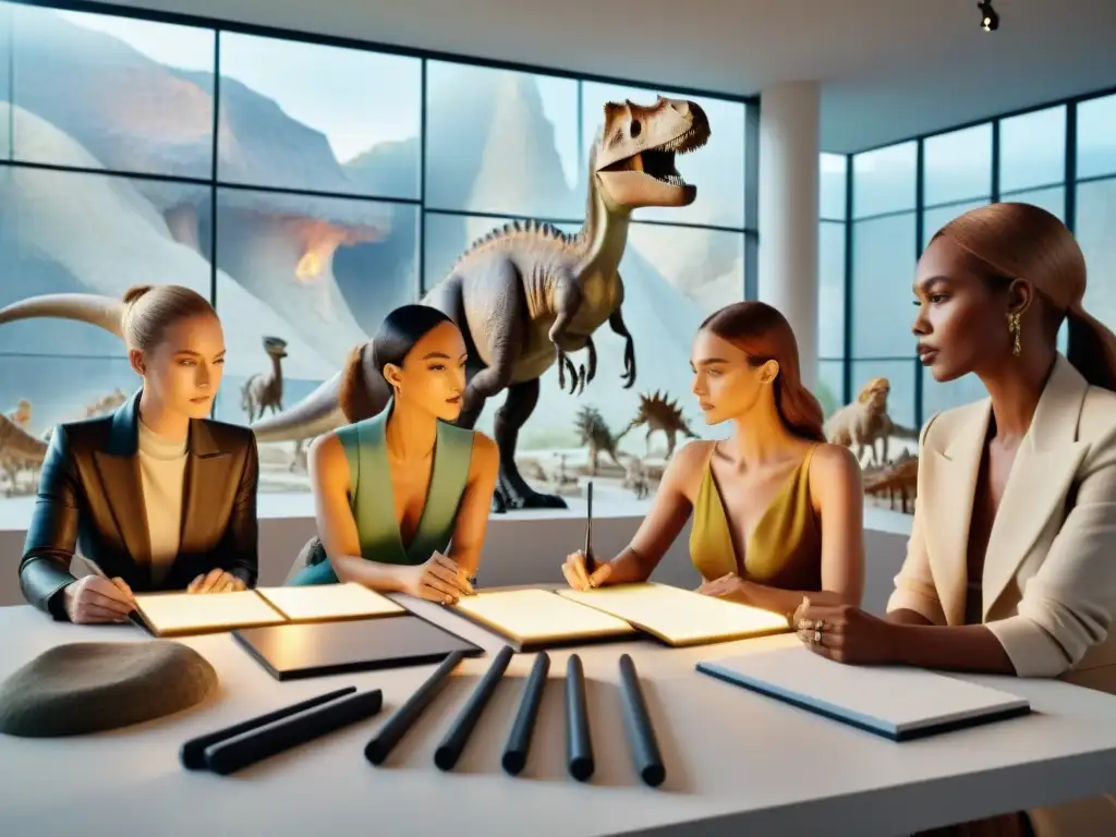 Diseñadores de moda creando alta costura inspirada en dinosaurios Diseñadores de moda creando en un estudio con fósiles de dinosaurios