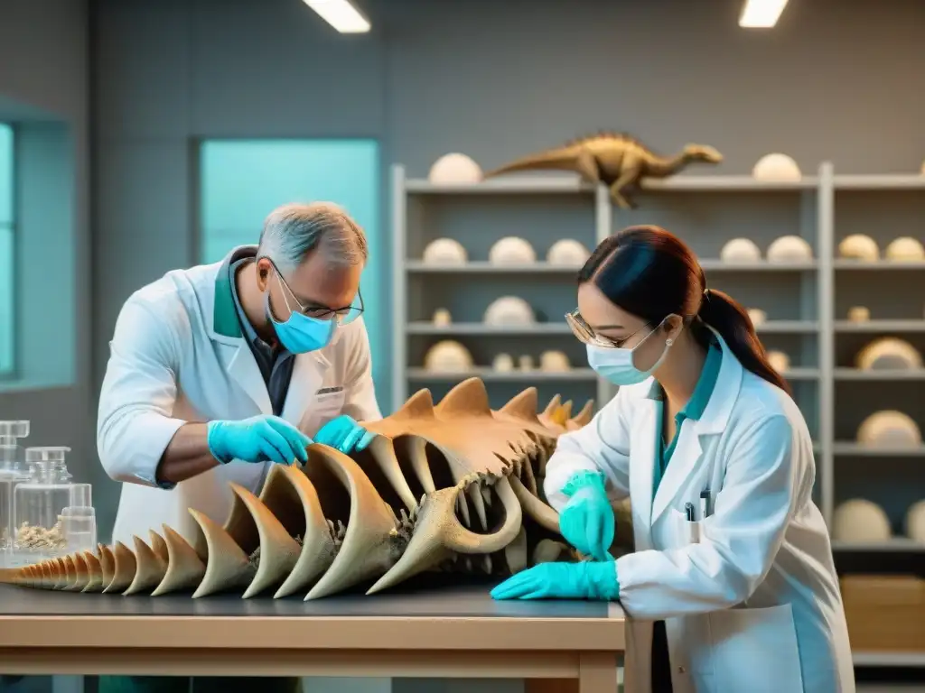 Diseño de dinosaurio: expertos paleontólogos reconstruyen meticulosamente esqueleto en laboratorio iluminado