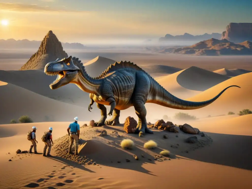 Excavación de fósiles: descubriendo tesoros prehistóricos al atardecer Documentales de dinosaurios: equipo paleontólogo excava fósil en desierto al atardecer