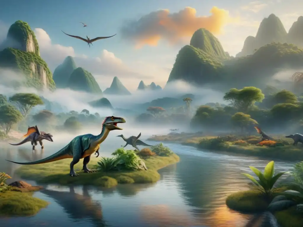 Recreación en IA de ecosistema prehistórico al atardecer