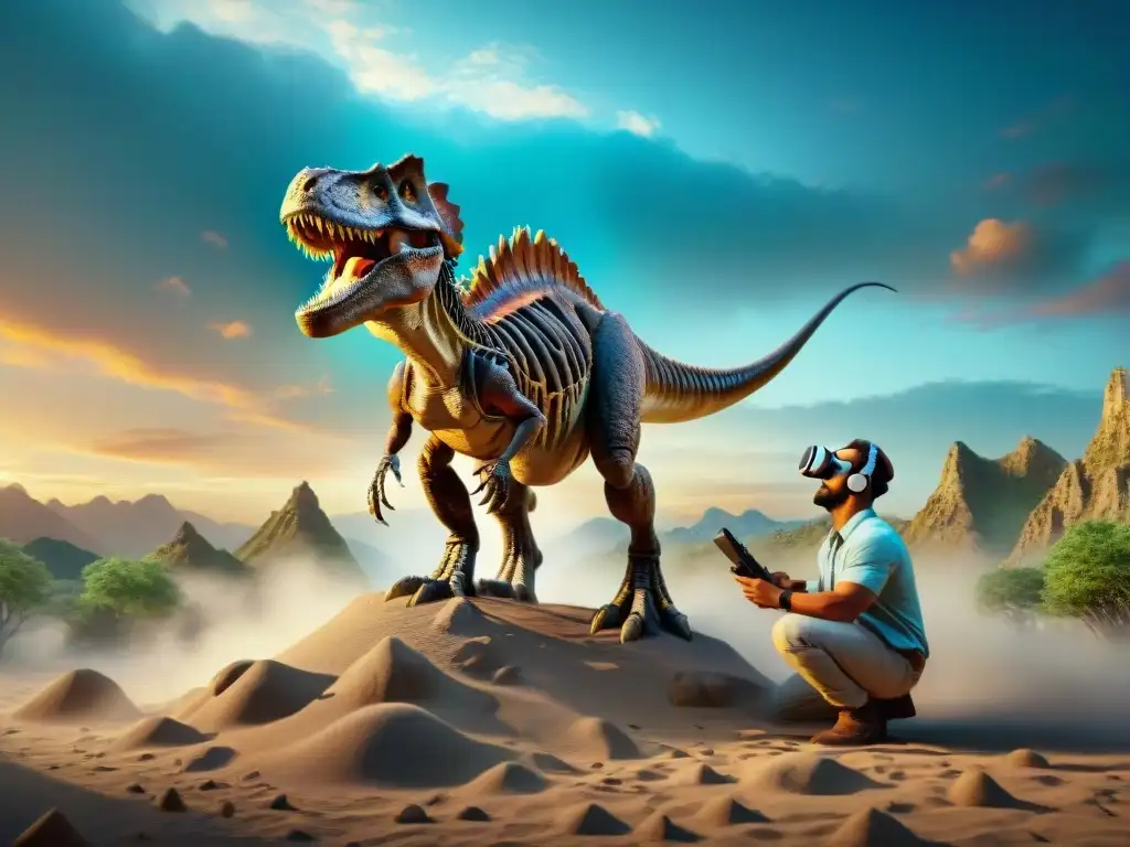 Excavación paleontológica en realidad virtual: detalle asombroso Descubre la emoción de la realidad aumentada en educación prehistórica mientras un paleontólogo excava un fósil de dinosaurio en un paisaje antiguo