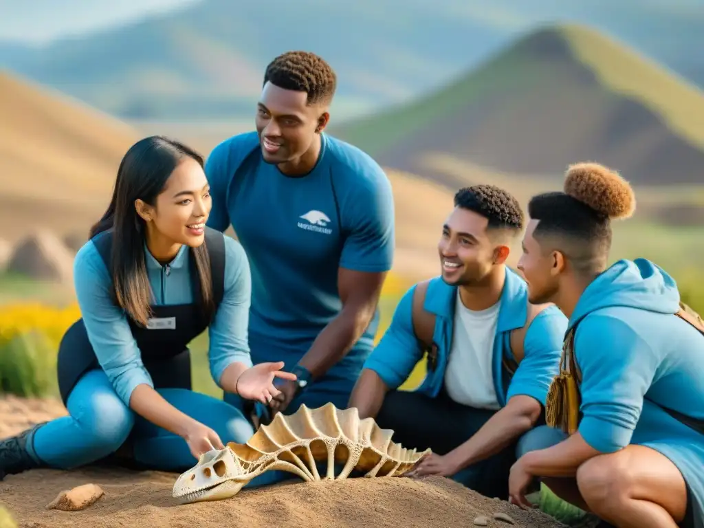 Excursión educativa de paleontología con estudiantes y fósiles Una emocionante clase de paleontología con dinosaurios para estudiantes de todas las edades en el campo