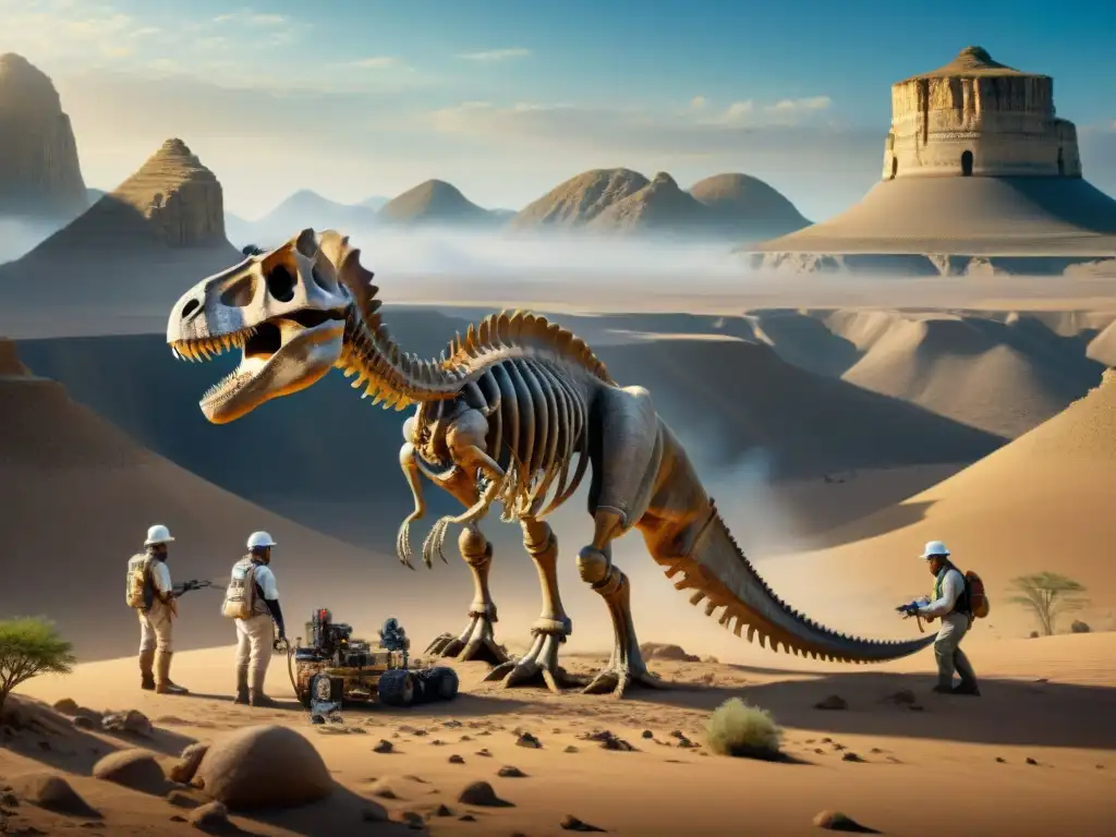 Excavación paleontológica: descubriendo un dinosaurio excepcional Emocionante descubrimiento: equipo de paleontólogos desentierra fósil de dinosaurio en terreno árido